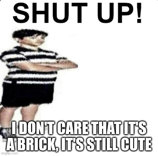 SHUT UP! My dad works for | I DON'T CARE THAT IT'S A BRICK, IT'S STILL CUTE | image tagged in shut up my dad works for | made w/ Imgflip meme maker