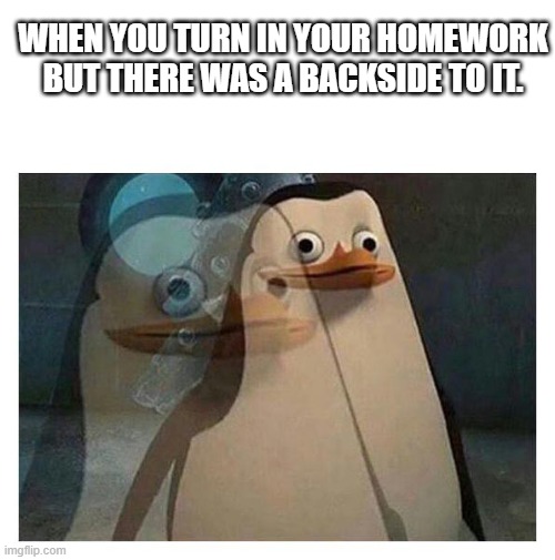 literally everyone | WHEN YOU TURN IN YOUR HOMEWORK BUT THERE WAS A BACKSIDE TO IT. | image tagged in scared private | made w/ Imgflip meme maker
