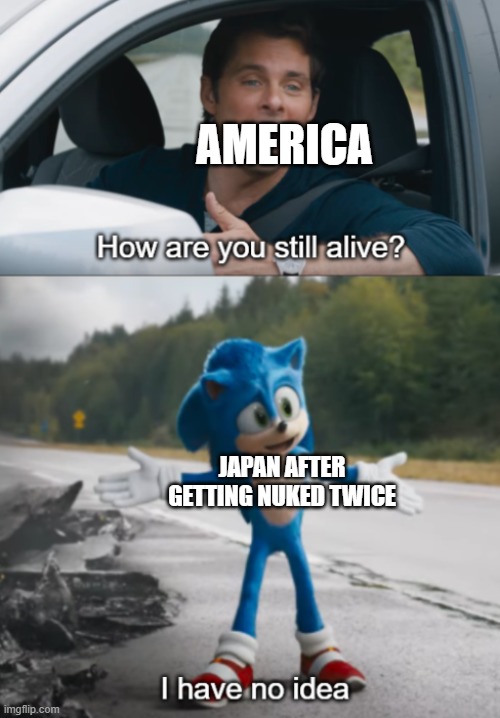 HOw again | AMERICA; JAPAN AFTER GETTING NUKED TWICE | image tagged in sonic how are you still alive,historical meme,history memes | made w/ Imgflip meme maker
