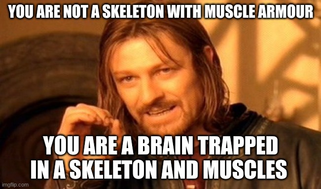 One Does Not Simply | YOU ARE NOT A SKELETON WITH MUSCLE ARMOUR; YOU ARE A BRAIN TRAPPED IN A SKELETON AND MUSCLES | image tagged in memes,one does not simply | made w/ Imgflip meme maker