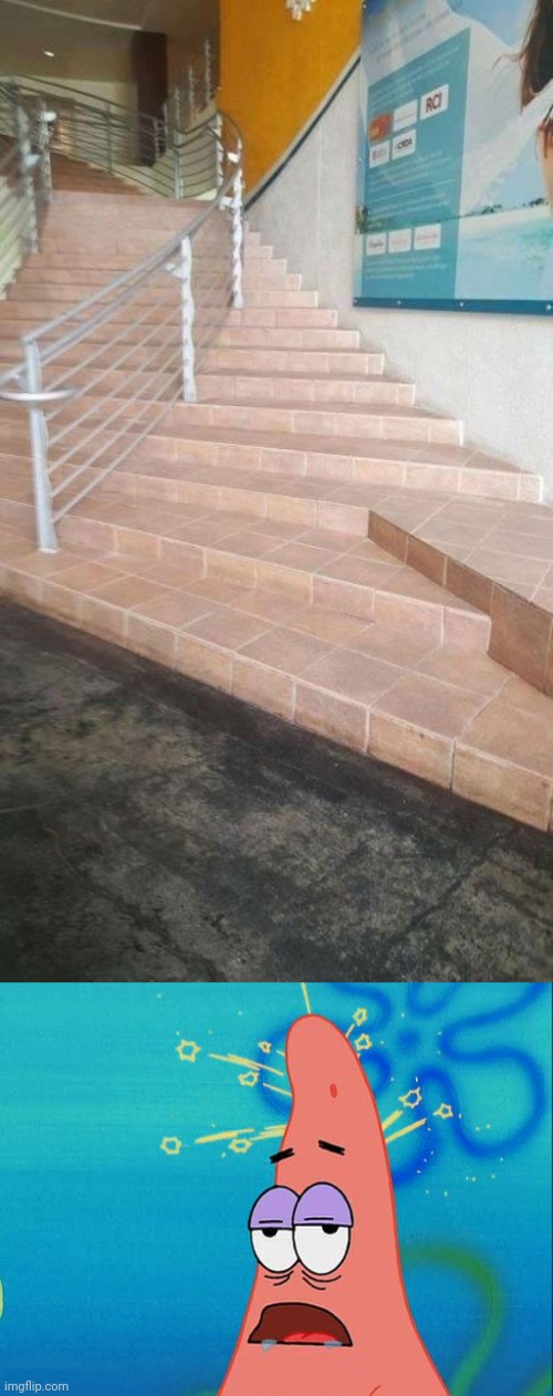 Stair construction fail | image tagged in dumb patrick star,stairs,stair,construction,you had one job,memes | made w/ Imgflip meme maker