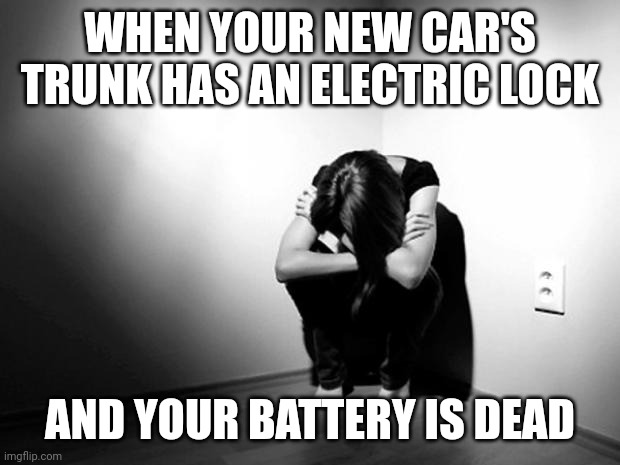 Kids... electric everything isn't a cleaner future. Its just more more junk for the landfills... | WHEN YOUR NEW CAR'S TRUNK HAS AN ELECTRIC LOCK; AND YOUR BATTERY IS DEAD | image tagged in depression sadness hurt pain anxiety,cars,electric,expectation vs reality,junk,break | made w/ Imgflip meme maker