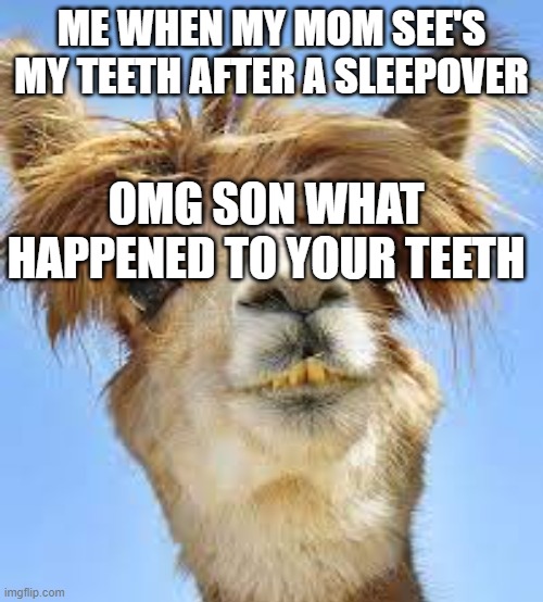 teeth | ME WHEN MY MOM SEE'S MY TEETH AFTER A SLEEPOVER; OMG SON WHAT HAPPENED TO YOUR TEETH | image tagged in funny | made w/ Imgflip meme maker