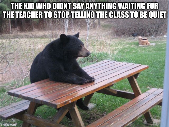 Patient Bear | THE KID WHO DIDNT SAY ANYTHING WAITING FOR THE TEACHER TO STOP TELLING THE CLASS TO BE QUIET | image tagged in patient bear,memes,waiting,class | made w/ Imgflip meme maker