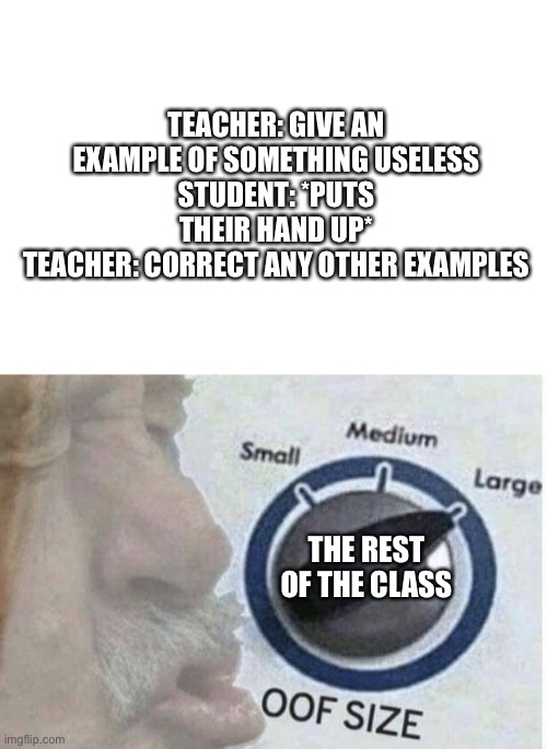 Oof | TEACHER: GIVE AN EXAMPLE OF SOMETHING USELESS
STUDENT: *PUTS THEIR HAND UP*
TEACHER: CORRECT ANY OTHER EXAMPLES; THE REST OF THE CLASS | image tagged in oof size large | made w/ Imgflip meme maker