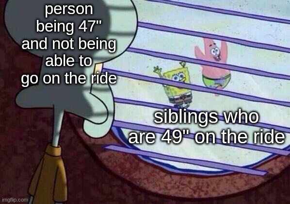 never happened to me but i bet its happened to someone | person being 47" and not being able to go on the ride; siblings who are 49" on the ride | image tagged in squidward window | made w/ Imgflip meme maker