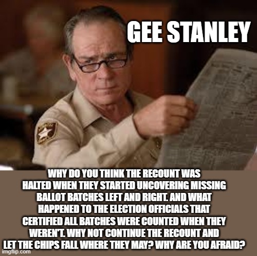 no country for old men tommy lee jones | GEE STANLEY WHY DO YOU THINK THE RECOUNT WAS HALTED WHEN THEY STARTED UNCOVERING MISSING BALLOT BATCHES LEFT AND RIGHT. AND WHAT HAPPENED TO | image tagged in no country for old men tommy lee jones | made w/ Imgflip meme maker