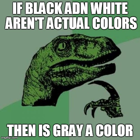 Philosoraptor Meme | IF BLACK ADN WHITE AREN'T ACTUAL COLORS THEN IS GRAY A COLOR | image tagged in memes,philosoraptor | made w/ Imgflip meme maker