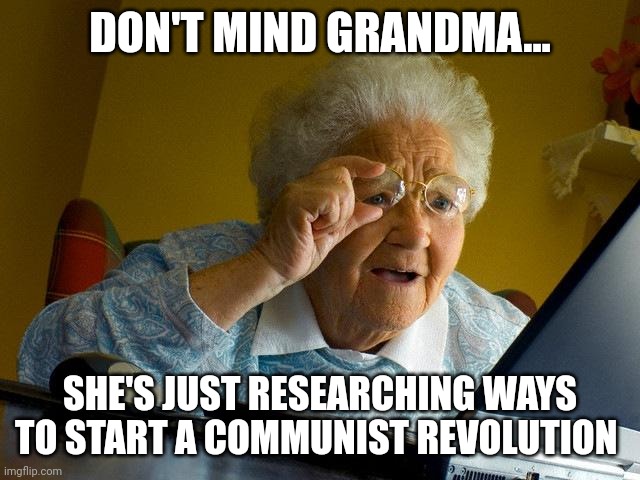 When granny's search history includes how to start a communist revolution | DON'T MIND GRANDMA... SHE'S JUST RESEARCHING WAYS TO START A COMMUNIST REVOLUTION | image tagged in memes,grandma finds the internet | made w/ Imgflip meme maker