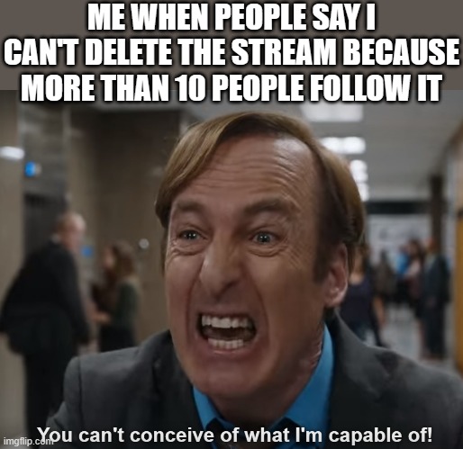 What I'm capable of! | ME WHEN PEOPLE SAY I CAN'T DELETE THE STREAM BECAUSE MORE THAN 10 PEOPLE FOLLOW IT | image tagged in what i'm capable of | made w/ Imgflip meme maker