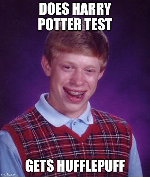 Bad Luck Brian | DOES HARRY POTTER TEST; GETS HUFFLEPUFF | image tagged in memes,bad luck brian | made w/ Imgflip meme maker