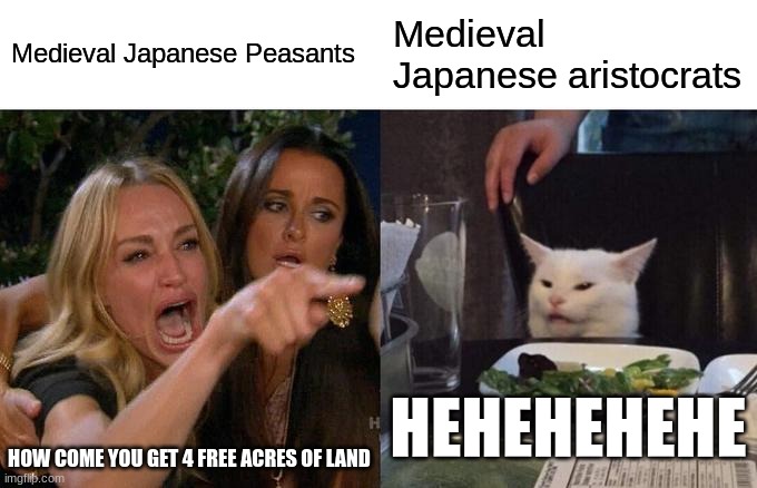 history | Medieval Japanese Peasants; Medieval Japanese aristocrats; HEHEHEHEHE; HOW COME YOU GET 4 FREE ACRES OF LAND | image tagged in memes,woman yelling at cat | made w/ Imgflip meme maker