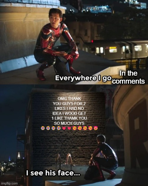 Comment likes don't really matter | In the comments; OMG THANK YOU GUYS FOR 2 LIKES I HAD NO IDEA I WOOD GET 1 LIKE THAMK YOU SO MUCH GUYS 😭😭😭😭💓💓🥰🥰🥰🥰😍 | image tagged in everywhere i go i see his face,youtube,comment section,comments,likes,i hate it when | made w/ Imgflip meme maker