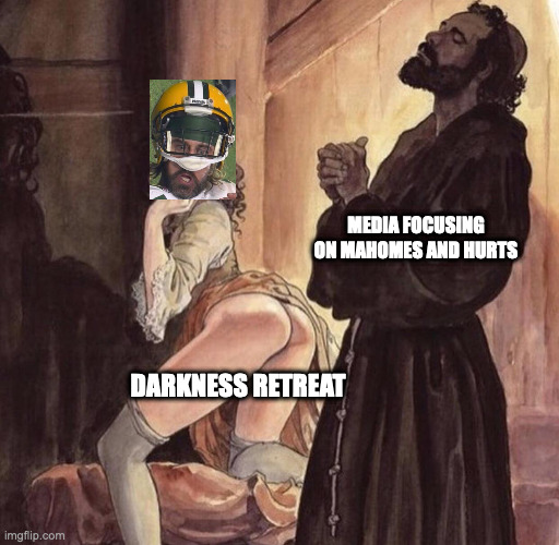 Priest tempted by girl | MEDIA FOCUSING ON MAHOMES AND HURTS; DARKNESS RETREAT | image tagged in priest tempted by girl,NFCNorthMemeWar | made w/ Imgflip meme maker