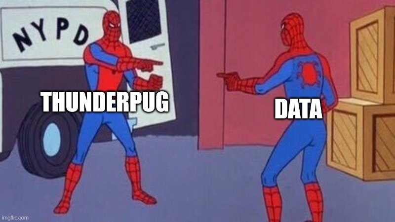 They both mainly use electric weapons | THUNDERPUG; DATA | image tagged in spiderman pointing at spiderman | made w/ Imgflip meme maker