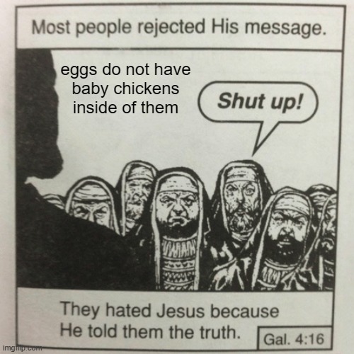 nerd eomij | eggs do not have
baby chickens inside of them | image tagged in they hated jesus because he told them the truth | made w/ Imgflip meme maker