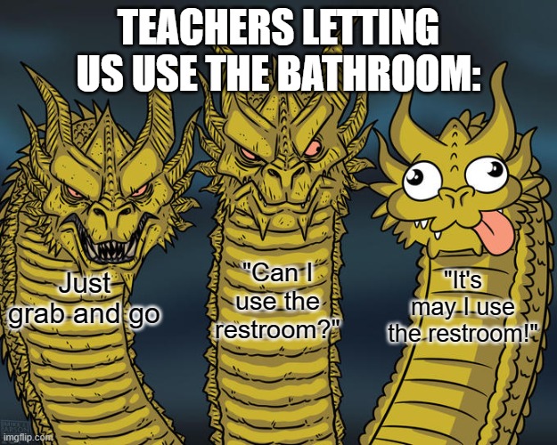 Three-headed Dragon | TEACHERS LETTING US USE THE BATHROOM:; "Can I use the restroom?"; Just grab and go; "It's may I use the restroom!" | image tagged in three-headed dragon,funny,why are you reading this,why are you reading the tags | made w/ Imgflip meme maker