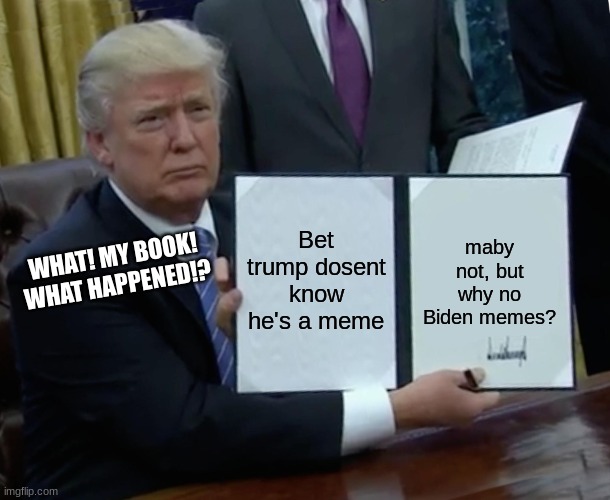Trump Bill Signing | Bet trump dosent know he's a meme; maby not, but why no Biden memes? WHAT! MY BOOK!
WHAT HAPPENED!? | image tagged in memes,trump bill signing | made w/ Imgflip meme maker