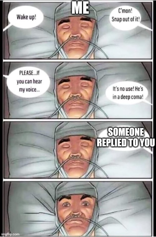 Deep Coma Meme | ME; SOMEONE REPLIED TO YOU | image tagged in deep coma meme | made w/ Imgflip meme maker