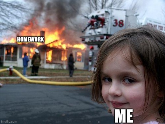 Disaster Girl Meme | HOMEWORK; ME | image tagged in memes,disaster girl | made w/ Imgflip meme maker