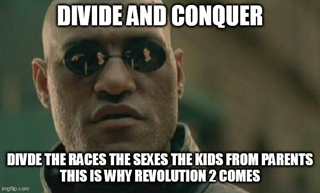 Matrix Morpheus | DIVIDE AND CONQUER; DIVDE THE RACES THE SEXES THE KIDS FROM PARENTS
THIS IS WHY REVOLUTION 2 COMES | image tagged in memes,matrix morpheus | made w/ Imgflip meme maker