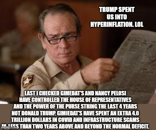 no country for old men tommy lee jones | TRUMP SPENT US INTO HYPERINFLATION. LOL LAST I CHECKED GIMEDAT'S AND NANCY PELOSI HAVE CONTROLLED THE HOUSE OF REPRESENTATIVES AND THE POWER | image tagged in no country for old men tommy lee jones | made w/ Imgflip meme maker