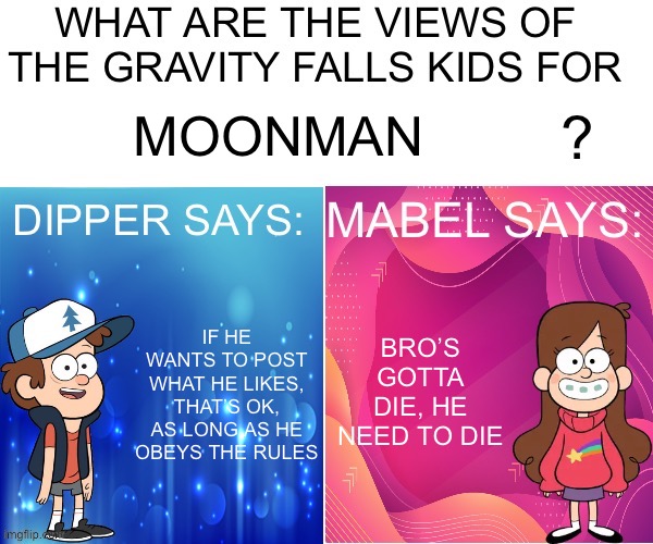 Something Kevin would say (right) | MOONMAN; BRO’S GOTTA DIE, HE NEED TO DIE; IF HE WANTS TO POST WHAT HE LIKES, THAT’S OK, AS LONG AS HE OBEYS THE RULES | image tagged in dipper/mabel says | made w/ Imgflip meme maker