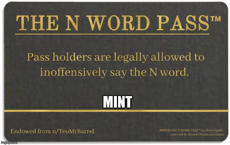 N word pass | MINT | image tagged in n word pass | made w/ Imgflip meme maker