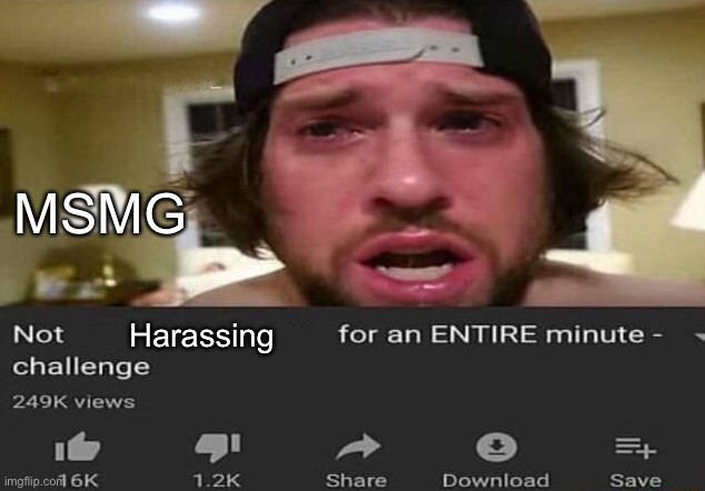 Not _____ for an ENTIRE minute - challenge | MSMG; Harassing | image tagged in not _____ for an entire minute - challenge | made w/ Imgflip meme maker