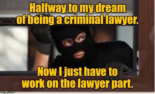 Criminal lawyer | Halfway to my dream of being a criminal lawyer. Now I just have to work on the lawyer part. | image tagged in burglar,halfway to a dream,criminal lawyer,have to work,on lawyer part,memes overload | made w/ Imgflip meme maker