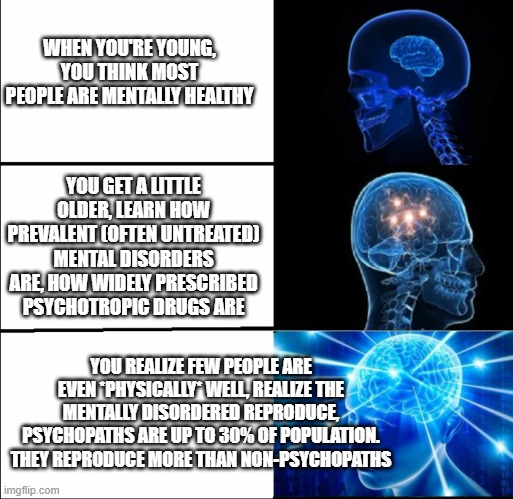 very few do not have mental issues - watch out especially for psychopaths | WHEN YOU'RE YOUNG, YOU THINK MOST PEOPLE ARE MENTALLY HEALTHY; YOU GET A LITTLE OLDER, LEARN HOW PREVALENT (OFTEN UNTREATED) MENTAL DISORDERS ARE, HOW WIDELY PRESCRIBED PSYCHOTROPIC DRUGS ARE; YOU REALIZE FEW PEOPLE ARE EVEN *PHYSICALLY* WELL, REALIZE THE MENTALLY DISORDERED REPRODUCE, PSYCHOPATHS ARE UP TO 30% OF POPULATION. THEY REPRODUCE MORE THAN NON-PSYCHOPATHS | image tagged in galaxy brain 3 brains | made w/ Imgflip meme maker