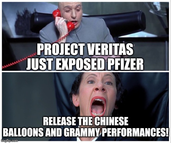 Dr Evil and Frau Yelling | PROJECT VERITAS JUST EXPOSED PFIZER; RELEASE THE CHINESE BALLOONS AND GRAMMY PERFORMANCES! | image tagged in dr evil and frau yelling | made w/ Imgflip meme maker
