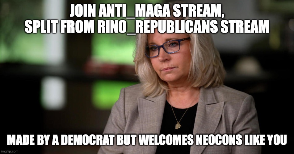 Liz Cheney says join anti_maga stream | JOIN ANTI_MAGA STREAM, SPLIT FROM RINO_REPUBLICANS STREAM; MADE BY A DEMOCRAT BUT WELCOMES NEOCONS LIKE YOU | image tagged in liz cheney,anti_maga,anti,maga | made w/ Imgflip meme maker