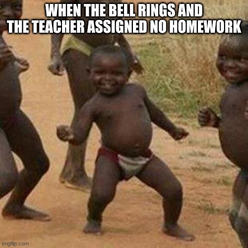 Third World Success Kid Meme | WHEN THE BELL RINGS AND THE TEACHER ASSIGNED NO HOMEWORK | image tagged in memes,third world success kid | made w/ Imgflip meme maker