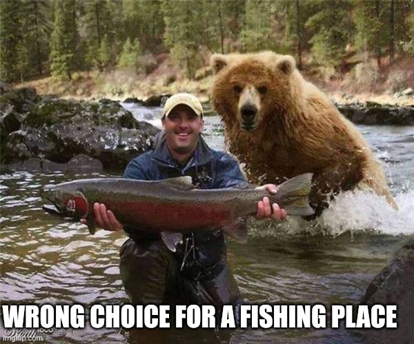 Man Bear Fish | WRONG CHOICE FOR A FISHING PLACE | image tagged in man bear fish | made w/ Imgflip meme maker
