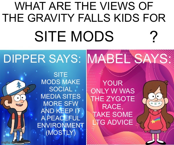 mabel is mean | SITE MODS MAKE SOCIAL MEDIA SITES MORE SFW AND KEEP IT A PEACEFUL ENVIRONMENT (MOSTLY); SITE MODS; YOUR ONLY W WAS THE ZYGOTE RACE, TAKE SOME LTG ADVICE | image tagged in dipper/mabel says | made w/ Imgflip meme maker