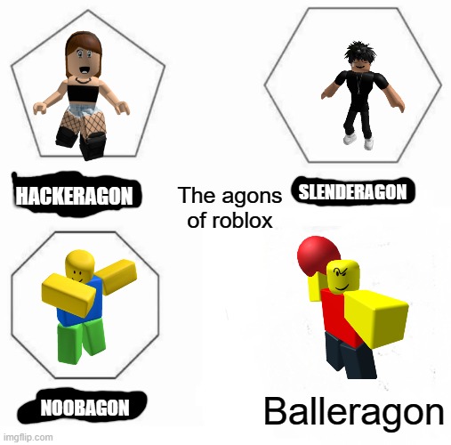 The agons of Roblox | HACKERAGON; SLENDERAGON; The agons of roblox; NOOBAGON; Balleragon | image tagged in memes,pentagon hexagon octagon | made w/ Imgflip meme maker