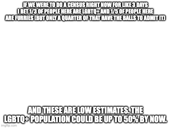 IF WE WERE TO DO A CENSUS RIGHT NOW FOR LIKE 3 DAYS I BET 1/3 OF PEOPLE HERE ARE LGBTQ+ AND 1/5 OF PEOPLE HERE ARE FURRIES (BUT ONLY A QUARTER OF THAT HAVE THE BALLS TO ADMIT IT); AND THESE ARE LOW ESTIMATES. THE LGBTQ+ POPULATION COULD BE UP TO 50% BY NOW. | made w/ Imgflip meme maker