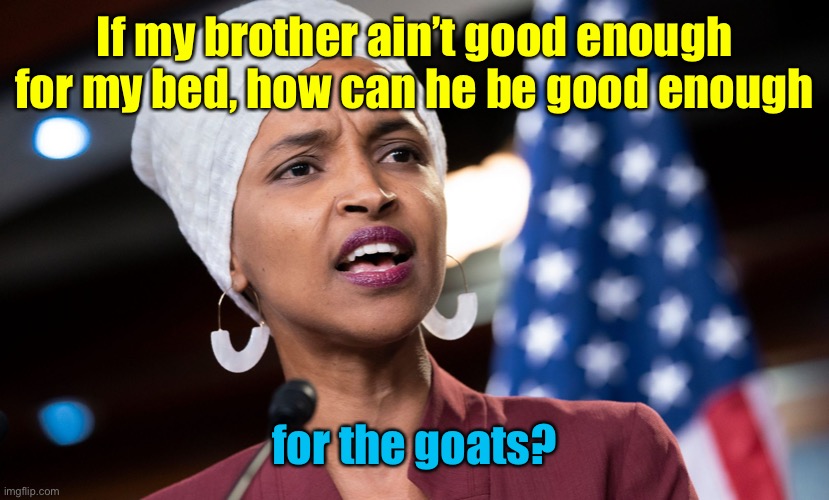 ilhan omar | If my brother ain’t good enough for my bed, how can he be good enough for the goats? | image tagged in ilhan omar | made w/ Imgflip meme maker