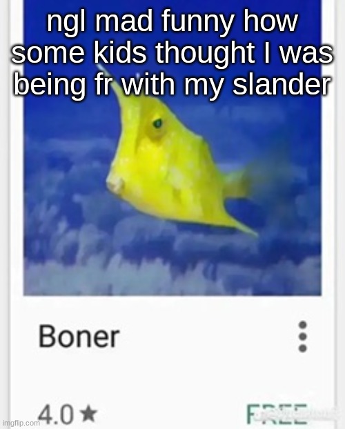 Boner | ngl mad funny how some kids thought I was being fr with my slander | image tagged in boner | made w/ Imgflip meme maker