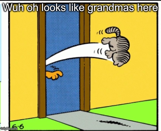 Nermal gets kicked out | Wuh oh looks like grandmas here | image tagged in nermal gets kicked out | made w/ Imgflip meme maker