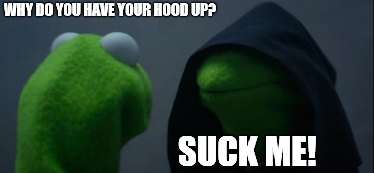 Evil Kermit Meme | WHY DO YOU HAVE YOUR HOOD UP? SUCK ME! | image tagged in memes,evil kermit | made w/ Imgflip meme maker