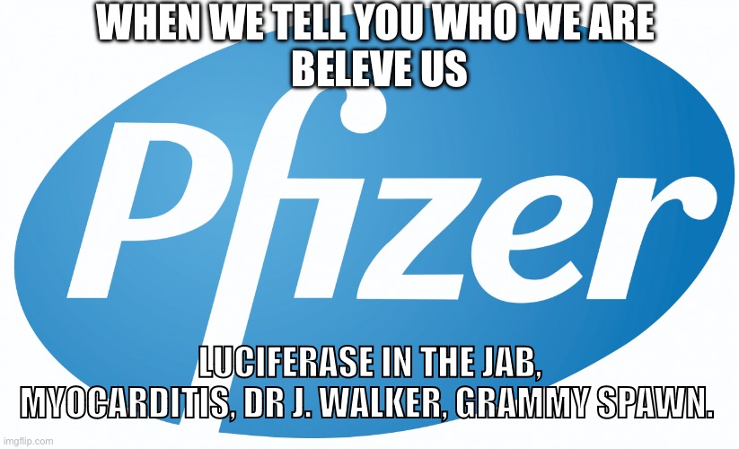 pfizer | WHEN WE TELL YOU WHO WE ARE 
BELEVE US; LUCIFERASE IN THE JAB, MYOCARDITIS, DR J. WALKER, GRAMMY SPAWN. | image tagged in pfizer | made w/ Imgflip meme maker