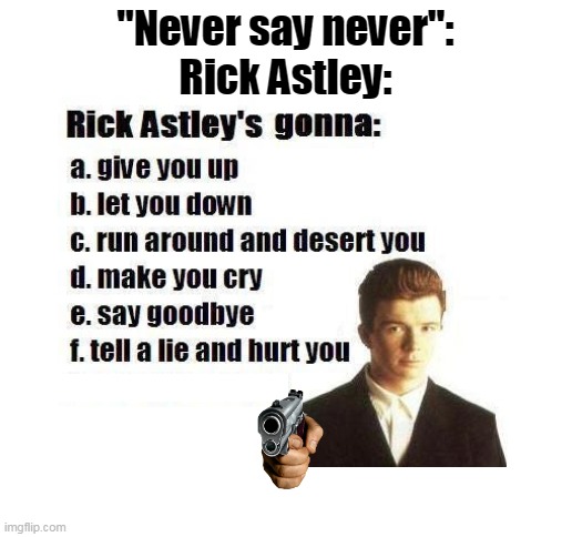 Pure satire. Never gonna give you up | "Never say never":
Rick Astley: | image tagged in blank white template,rick astley,never gonna give you up,rickroll,gonna give you up,memes | made w/ Imgflip meme maker