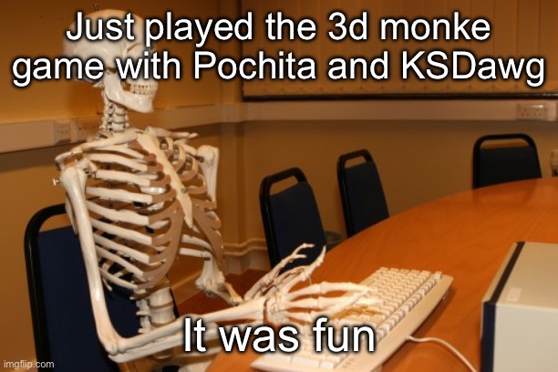 computer skeleton | Just played the 3d monke game with Pochita and KSDawg; It was fun | image tagged in computer skeleton | made w/ Imgflip meme maker