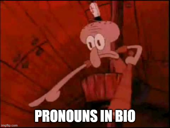 Squidward pointing | PRONOUNS IN BIO | image tagged in squidward pointing | made w/ Imgflip meme maker