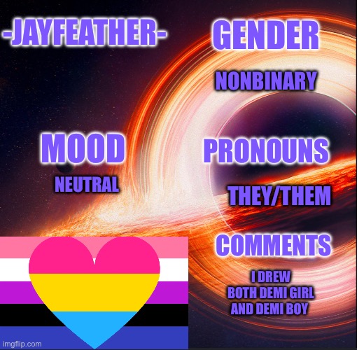 I already posted it | GENDER; -JAYFEATHER-; NONBINARY; MOOD; PRONOUNS; NEUTRAL; THEY/THEM; COMMENTS; I DREW BOTH DEMI GIRL AND DEMI BOY | image tagged in template for me | made w/ Imgflip meme maker