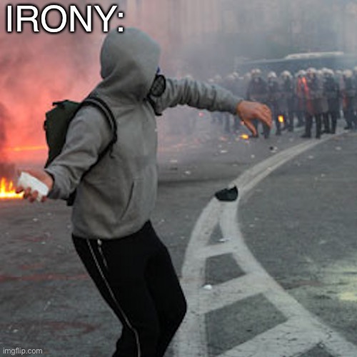 man throwing brick at riot police | IRONY: | image tagged in man throwing brick at riot police | made w/ Imgflip meme maker