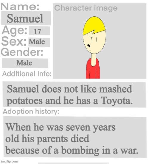 Attempt No. 4 (because jade is just way too choosy) | Samuel; 17; Male; Male; Samuel does not like mashed potatoes and he has a Toyota. When he was seven years old his parents died because of a bombing in a war. | image tagged in orphanage faction file | made w/ Imgflip meme maker
