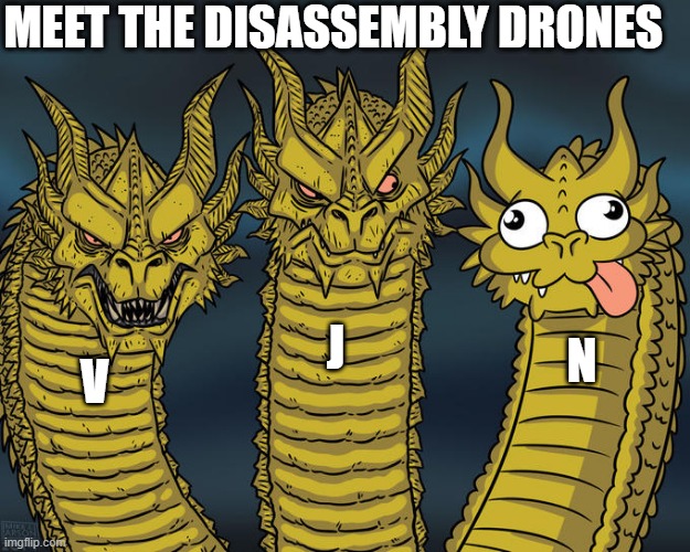 The three murder drones | MEET THE DISASSEMBLY DRONES; J; N; V | image tagged in three-headed dragon,murder drones | made w/ Imgflip meme maker